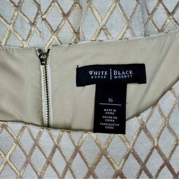 White House Black Market Cream & Gold Metallic Print Fit & Flare Dress Size 16 - Picture 8 of 9